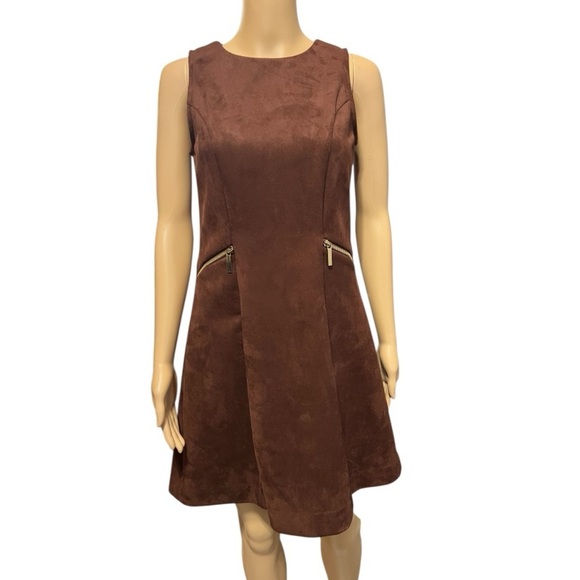 Ann Taylor Brown Sleeveless A-line Vegan Suede Mini Dress Size 4P - Picture 1 of 7